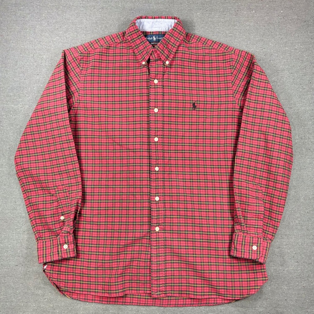 Ralph Lauren Button Down Shirt Mens Large Red Plaid Custom Fit Long Sleeve Pony